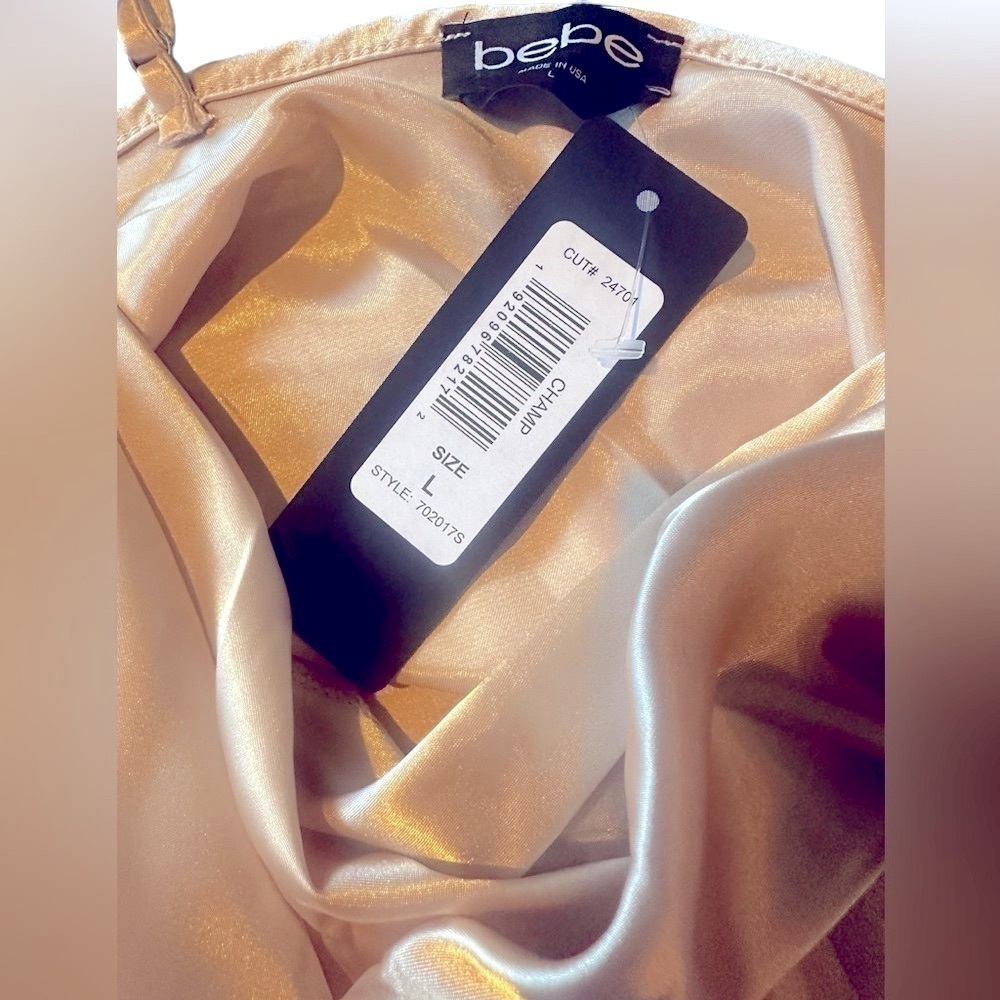 Bebe SATIN COWL NECK SLIP MIDI DRESS Size Large - Champagne MSRP $69 - Picture 5 of 5